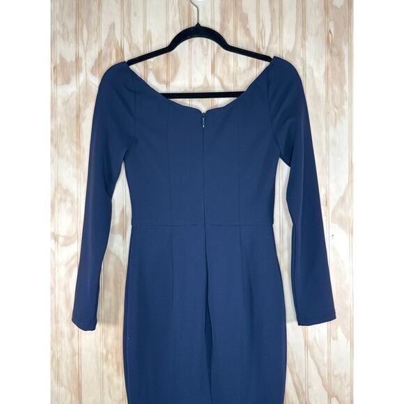 Lumier by Bariano Dark Blue Bodycon Cocktail Dress XS Quiet Luxury Romantic Midi - Picture 5 of 7